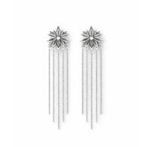 Floral Silver Drop Earrings with Long Chain Tassels