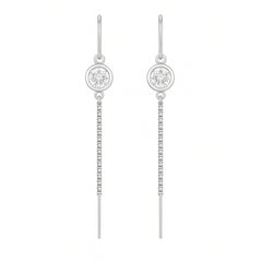 Elegant Silver Threader Earrings with Crystal Stud & Dual Chain Drop