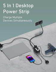 Olivlife Oval Extension Cord 5-in-1 Desktop Extension Board β AC Sockets + USB-A QC + USB-C PD Fast Charging | Ultra-Compact Power Strip with USB Port for Home, Office & Travel | Black