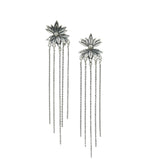 Pair of silver floral earrings with chain drops on a white background