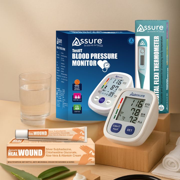 Assure Medical Essentials Pack – includes a blood pressure checking machine, best digital thermometer, and fast healing wound cream for complete home healthcare