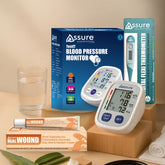 Assure Medical Essentials Pack – includes a blood pressure checking machine, best digital thermometer, and fast healing wound cream for complete home healthcare
