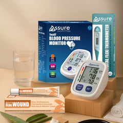 Assure Medical Essentials Pack – includes a blood pressure checking machine, best digital thermometer, and fast healing wound cream for complete home healthcare