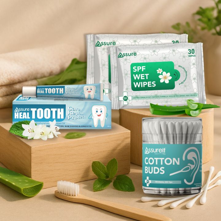 Assure Personal Care Essentials Combo – SPF Wipes, Tooth Pain Gel & Cotton Buds