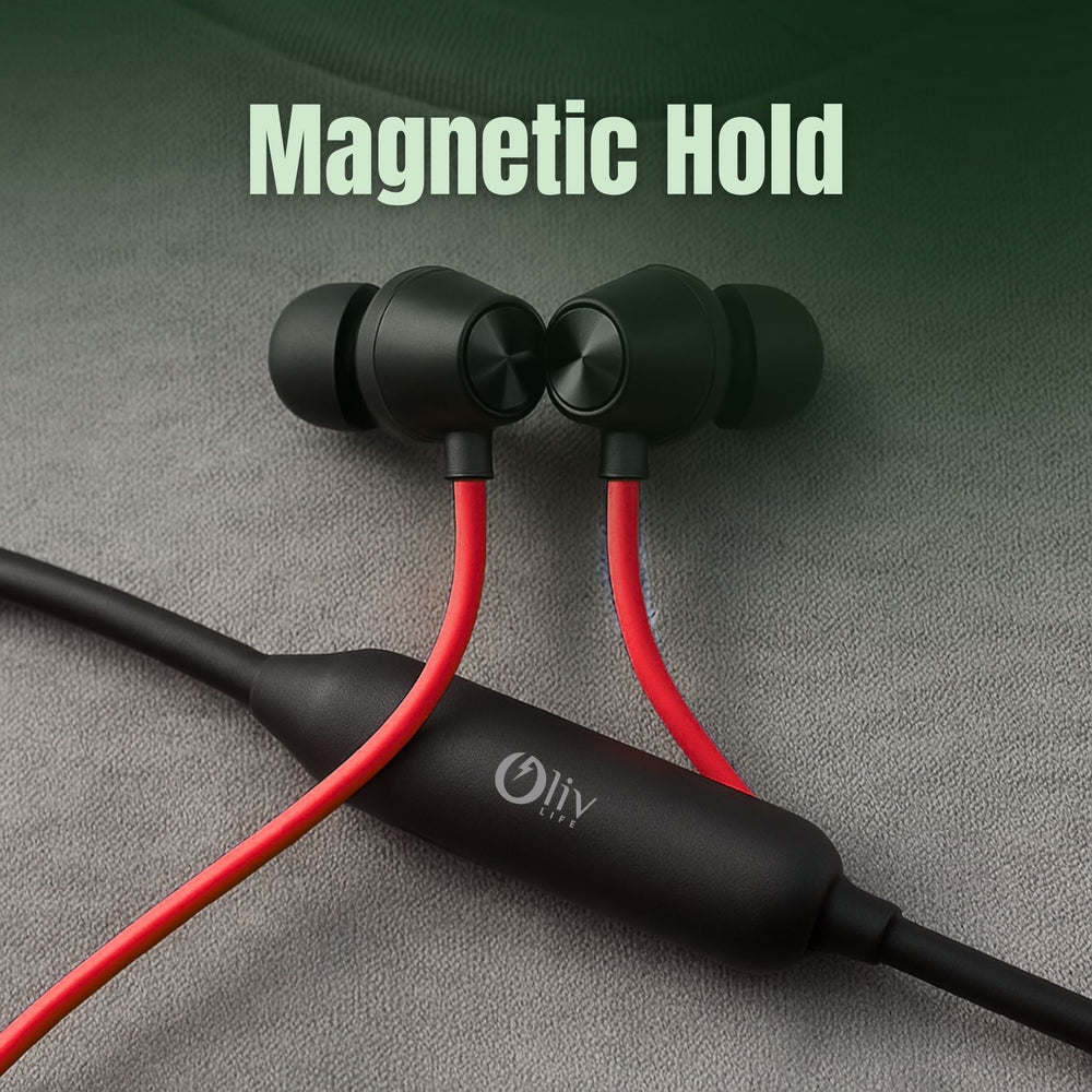 OlivLife Bluetooth neckband in yellow and red – bold colour wireless neckband earphones with mic and 30-hour battery fills.in