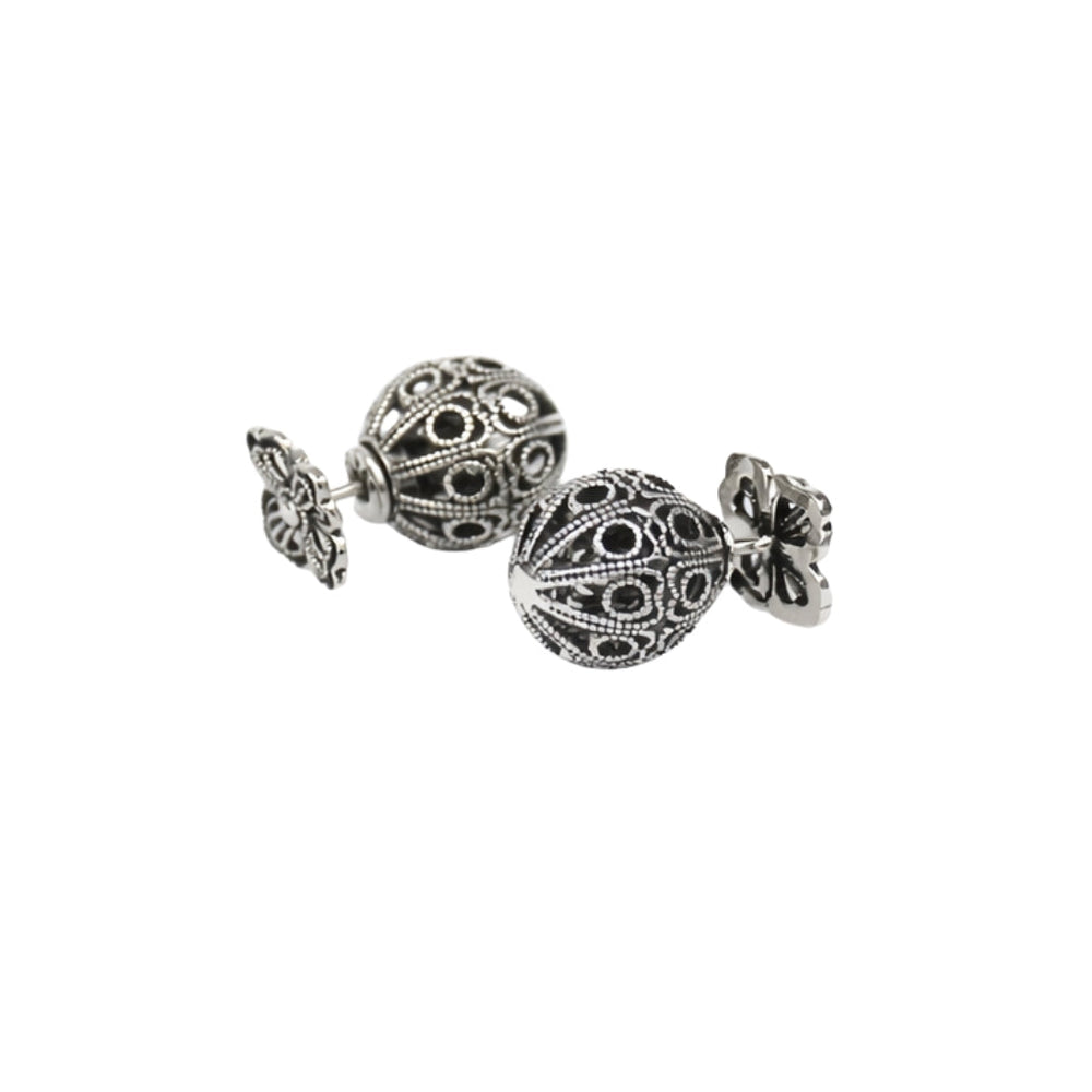 Original silver earrings online with oxidized floral stud design