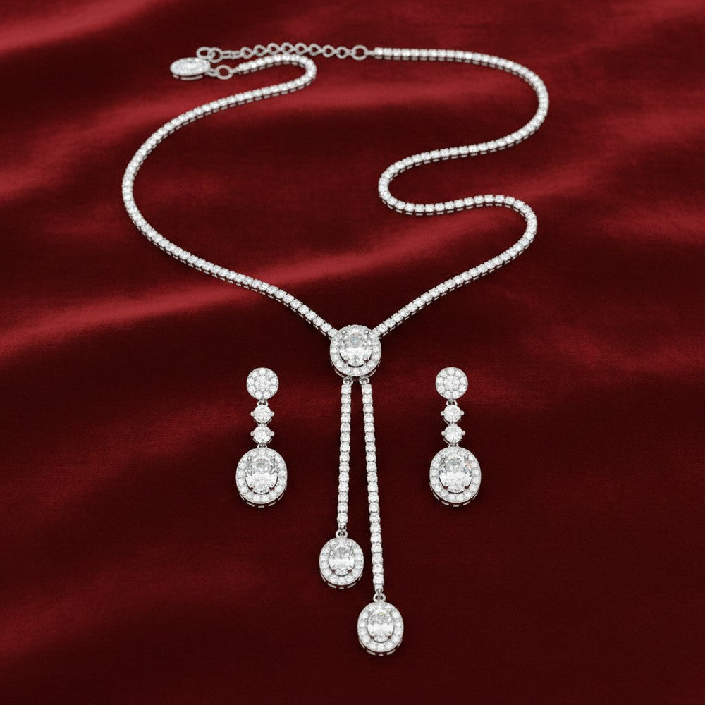 Silver necklace set for women with oval stone detailing and earrings