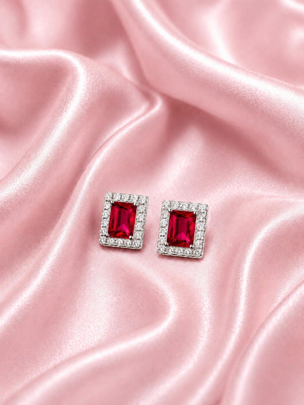 Sterling silver earrings for women with rectangular ruby centre stone
