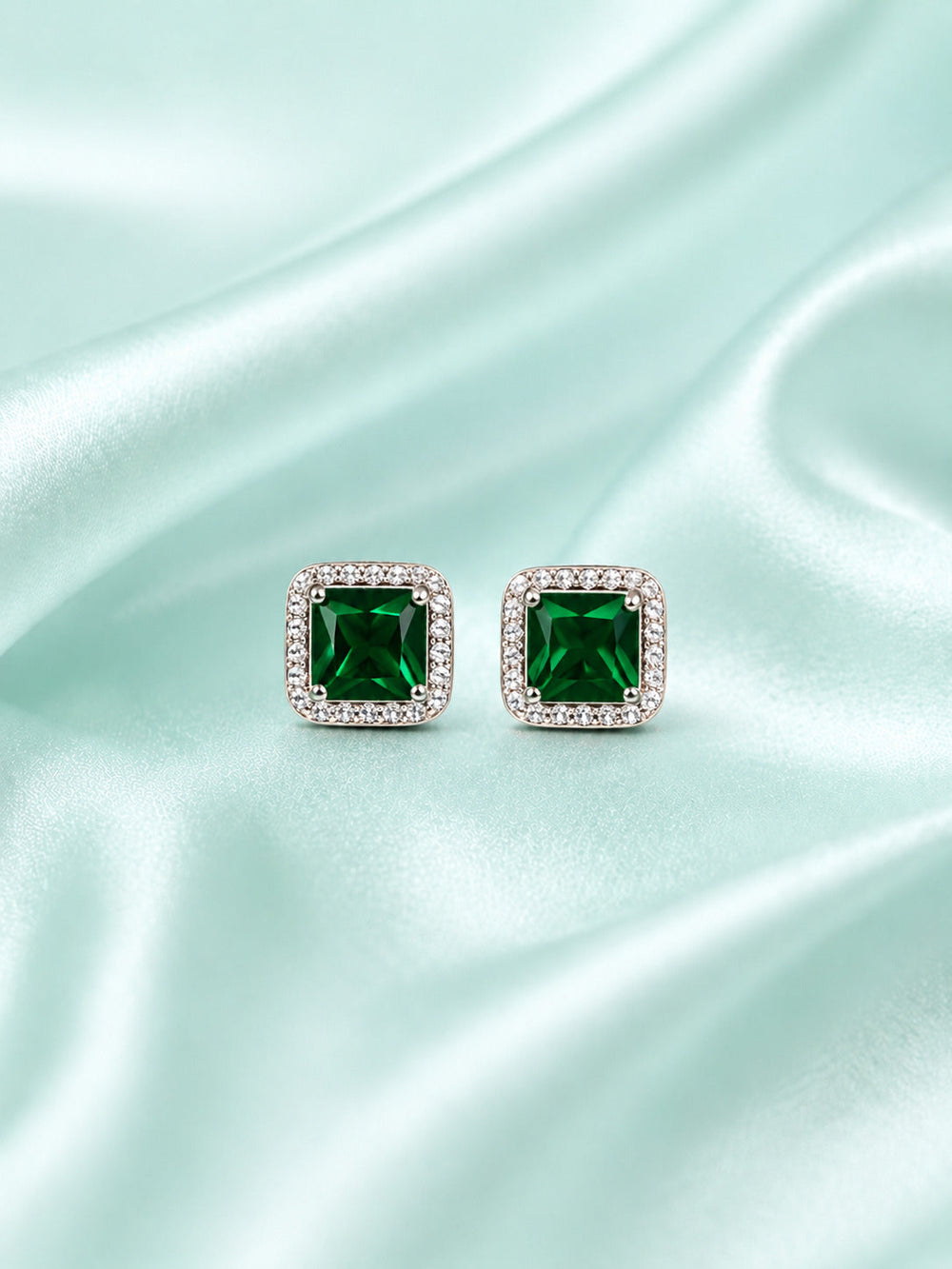 Sterling silver earrings for women with emerald green square stone