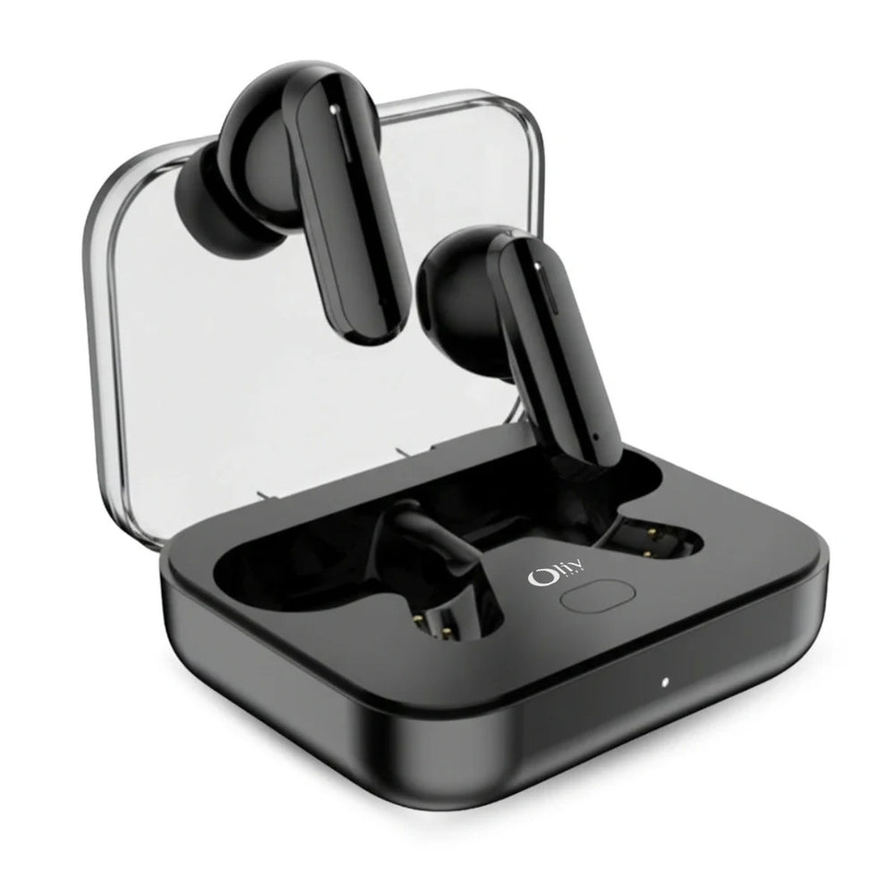 OlivLife Rivo wireless earbuds being worn – half in-ear ergonomic design for all-day comfort and clear calling