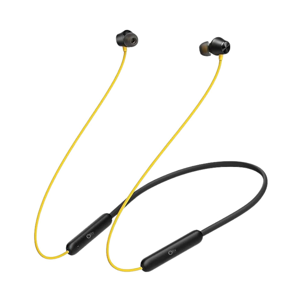 OlivLife yellow Bluetooth neckband earphones being worn – best wireless neckband under 1000 rupees with built-in mic for calls and music