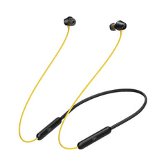 OlivLife yellow Bluetooth neckband earphones being worn – best wireless neckband under 1000 rupees with built-in mic for calls and music