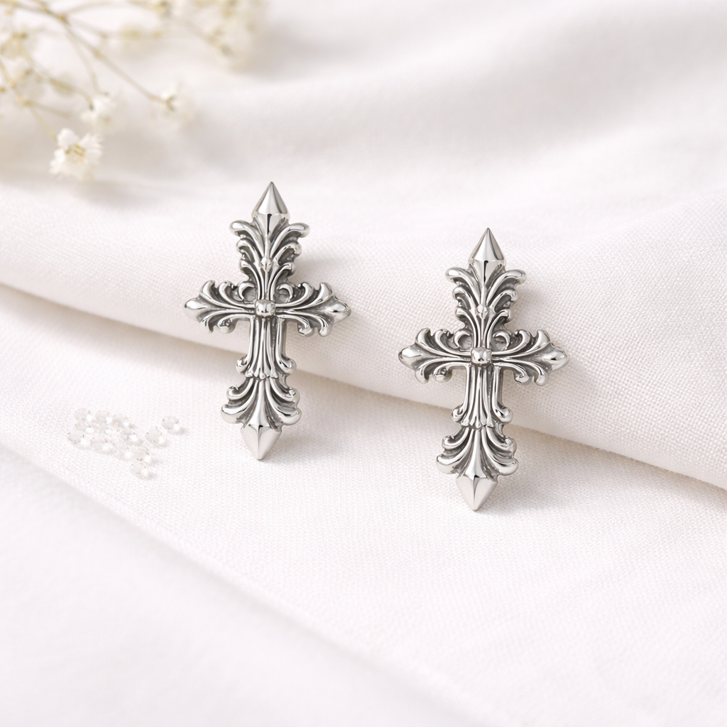 Vintage Cross Design Silver Hoop Earrings