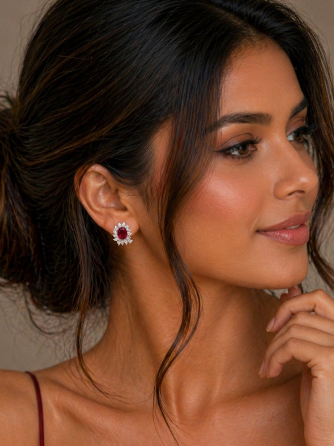 925 Sterling Silver Ruby Red Floral Stud Earrings