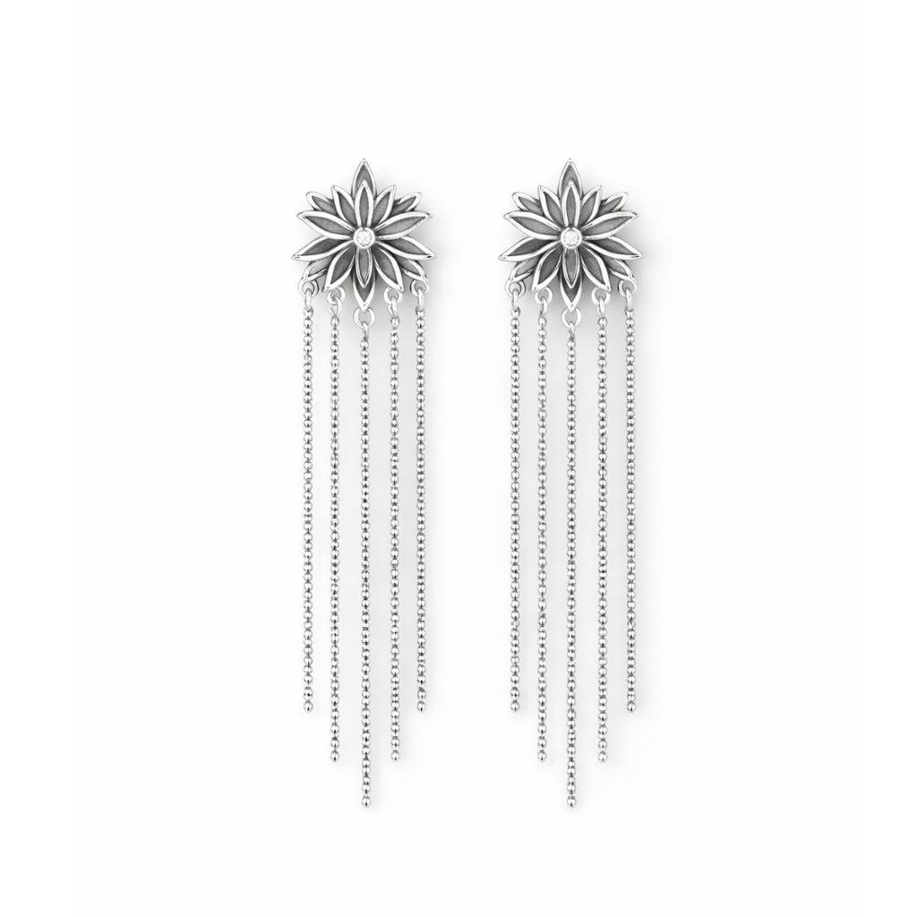Floral Silver Drop Earrings with Long Chain Tassels