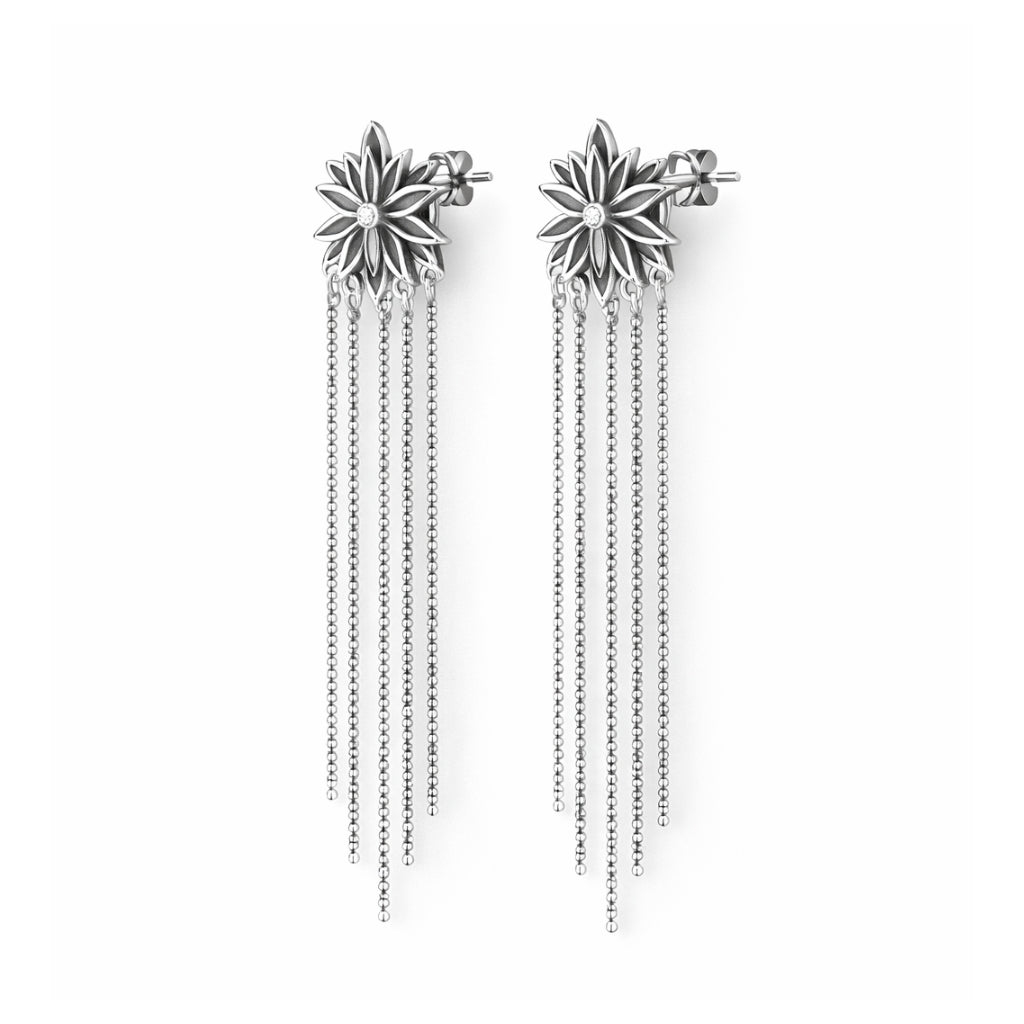 Floral Silver Drop Earrings with Long Chain Tassels