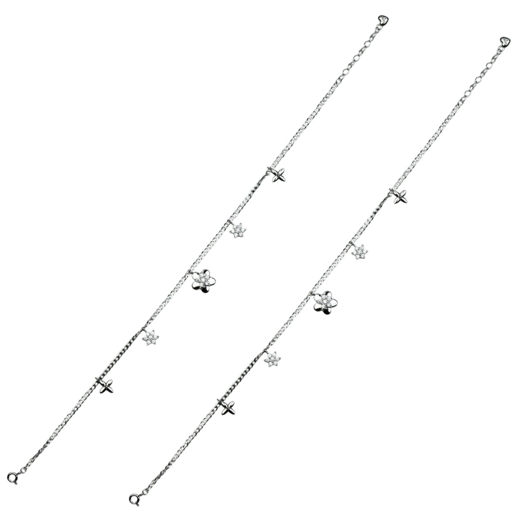 Elegant Silver Pair of Anklet Set with Star & Flower Charms