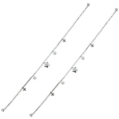 Elegant Silver Pair of Anklet Set with Star & Flower Charms