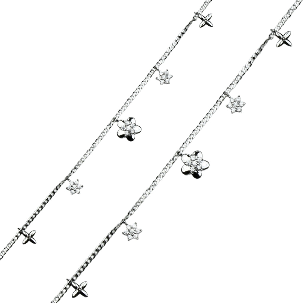 Elegant Silver Pair of Anklet Set with Star & Flower Charms