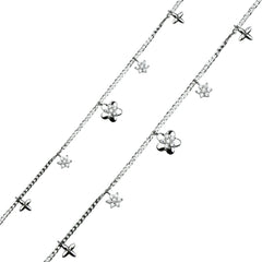 Elegant Silver Pair of Anklet Set with Star & Flower Charms