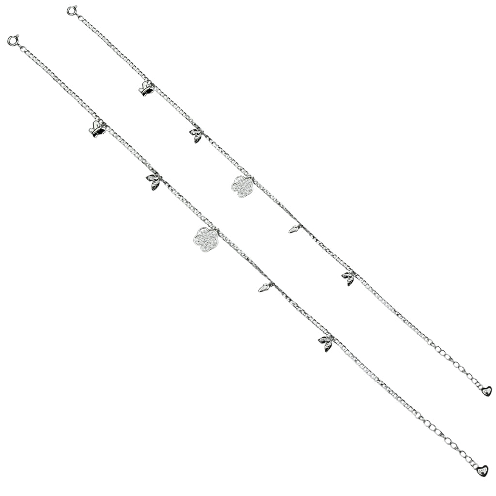 Elegant Silver Dual Anklet Set with Star & Flower Charms