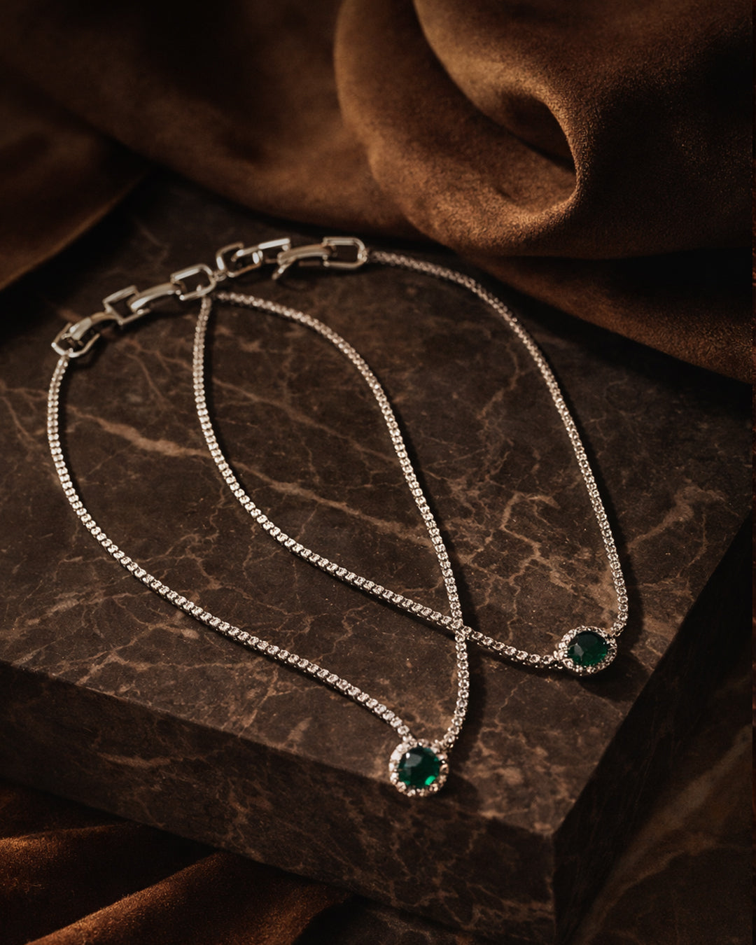 Silver Pair of Anklet Set with Green Stone Charm