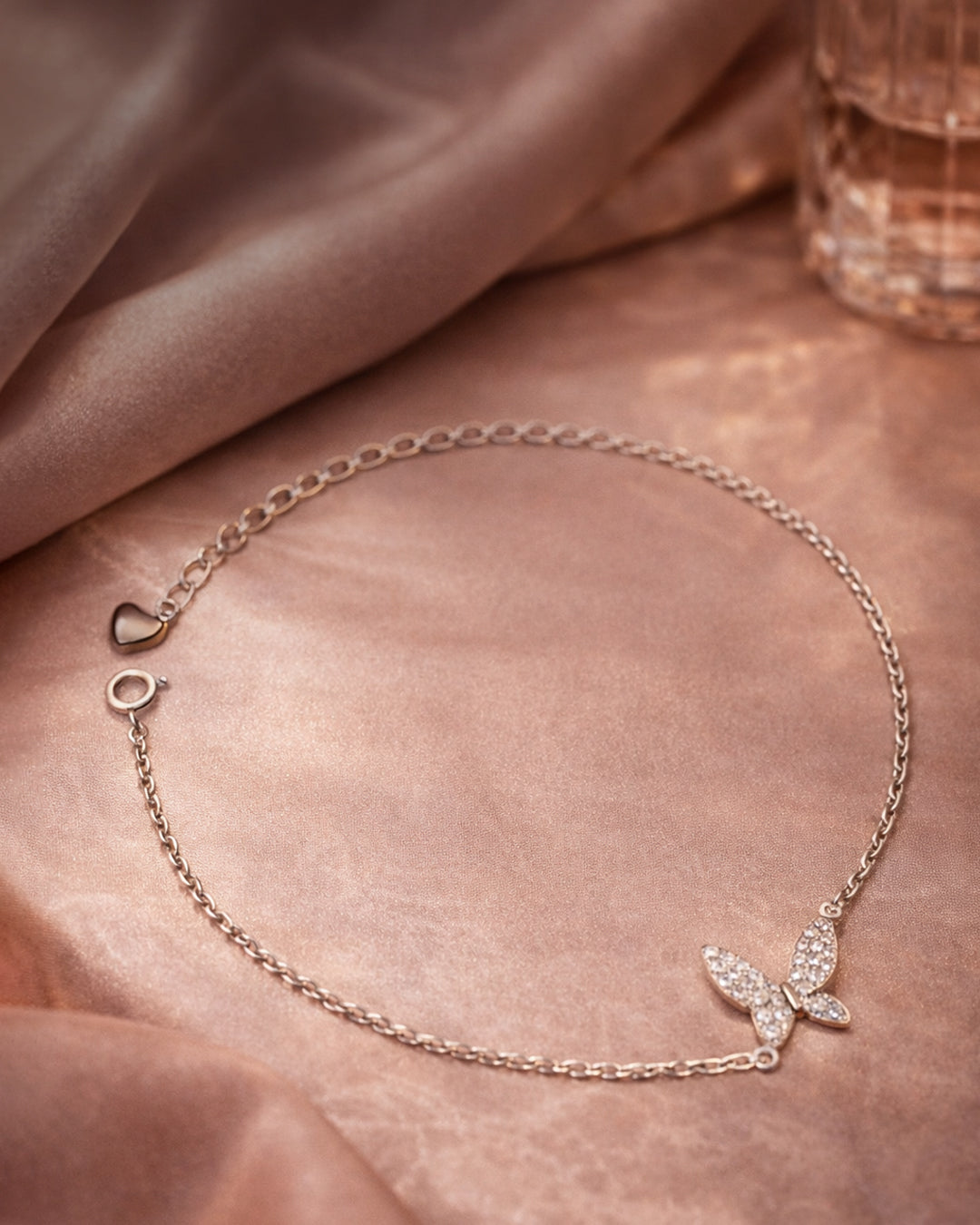 925 Sterling Silver Butterfly Charm Bracelet with Heart Detail