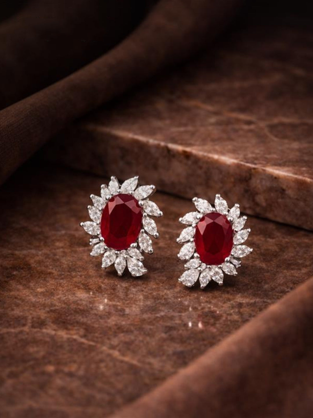 925 Sterling Silver Ruby Red Floral Stud Earrings
