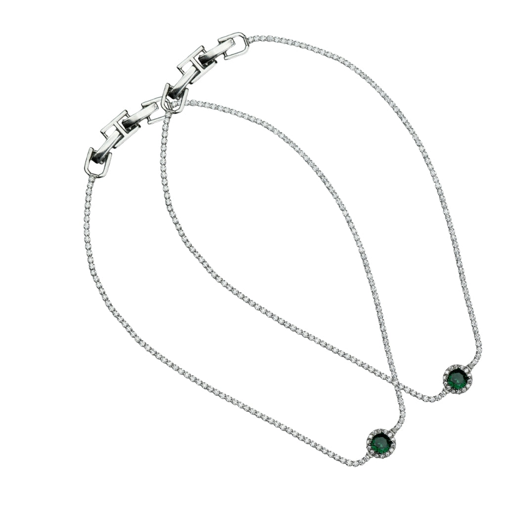 Silver Pair of Anklet Set with Green Stone Charm