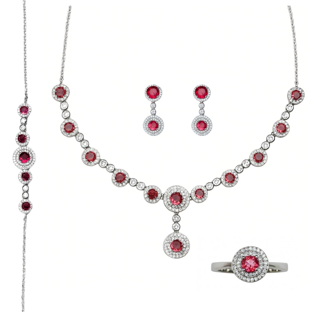 Luxury Silver Jewelry Set with Ruby-Red Stones