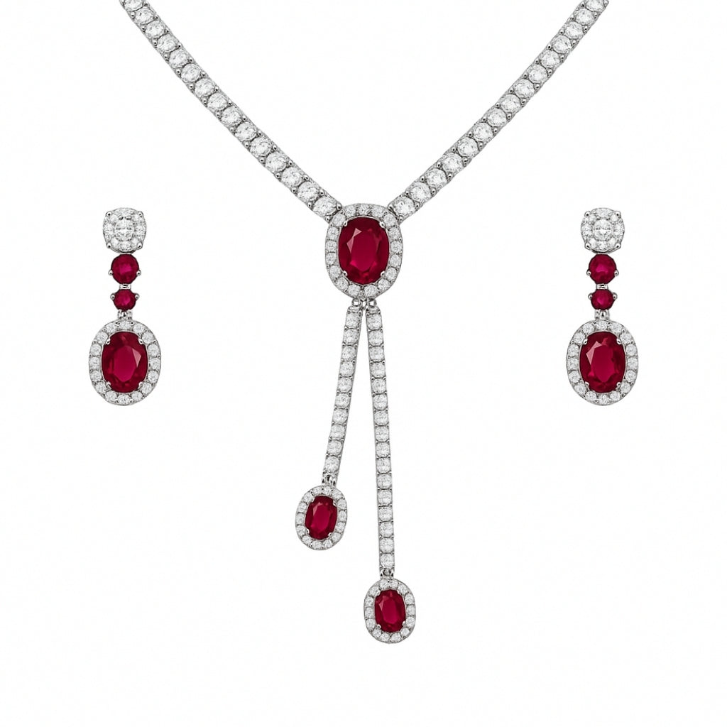 Ruby Elegance Silver Necklace & Earring Set