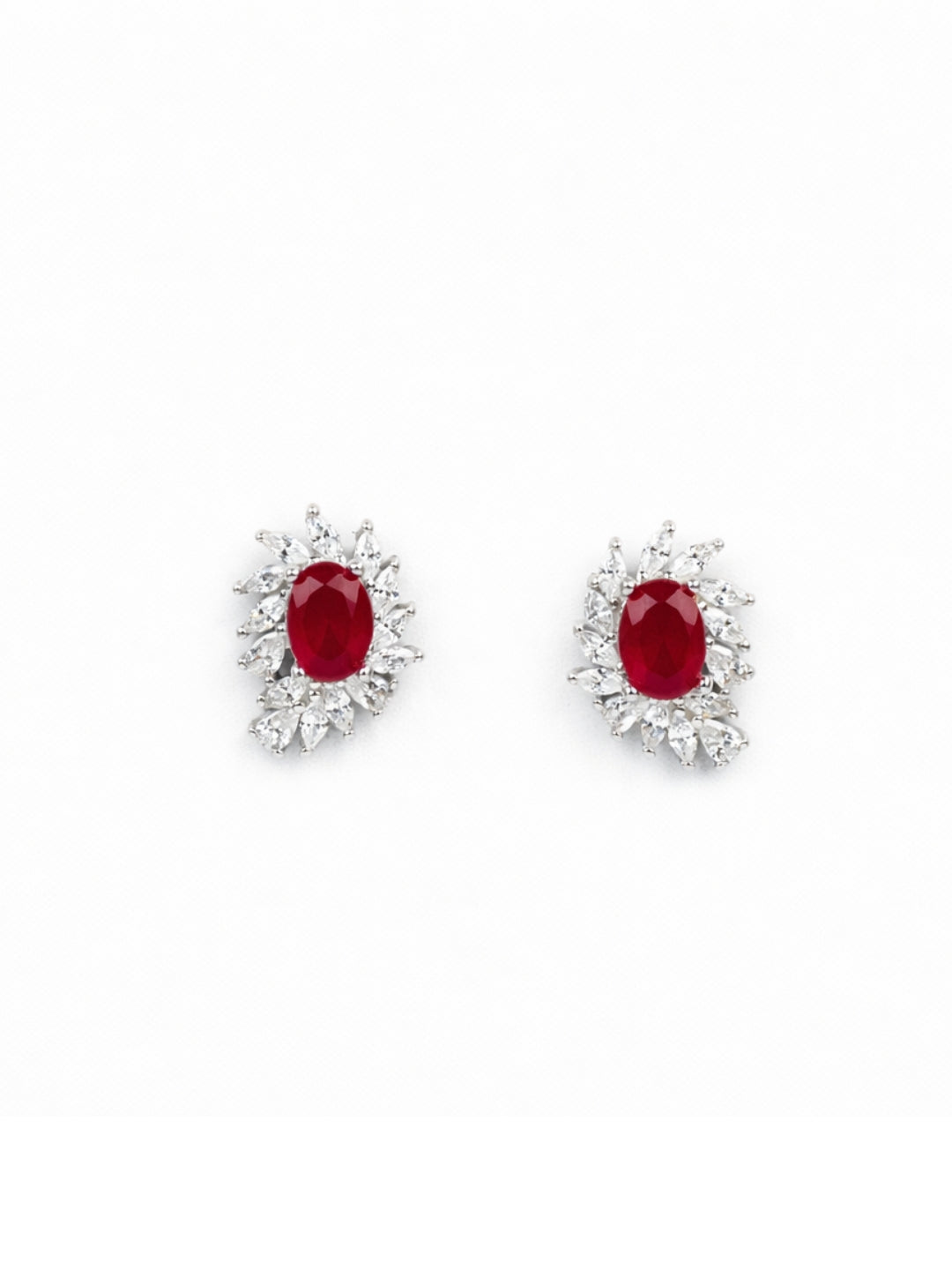 925 Sterling Silver Ruby Red Floral Stud Earrings