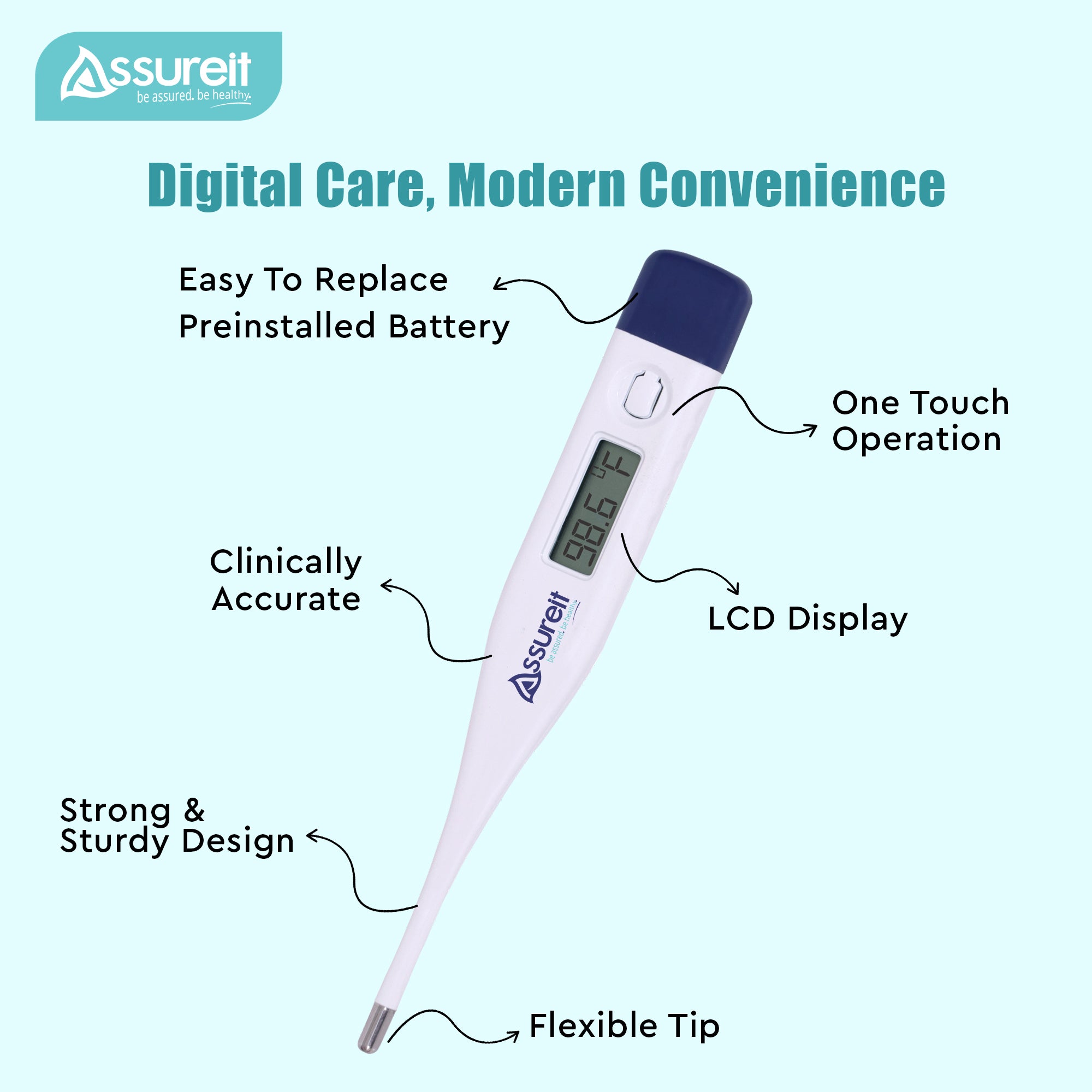 Assureit Flexible Digital Thermometer – Best Digital Thermometer for Fever | Safe for Babies, Kids & Adults | Mercury-Free | Results in 10–30 Seconds