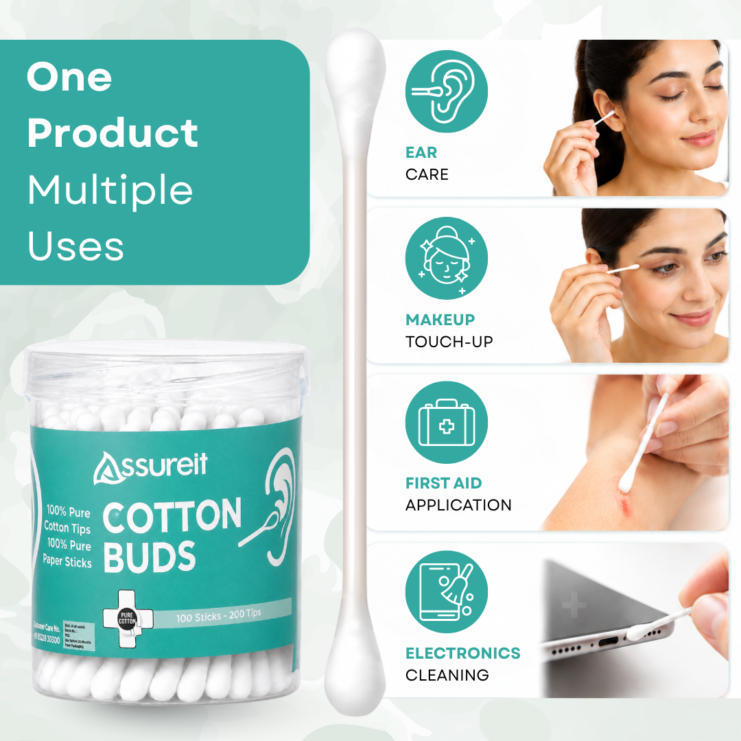 Assureit Organic 100%Cotton Buds – Best Soft Cotton Ear Buds for Ear Cleaning, Makeup & Baby Care