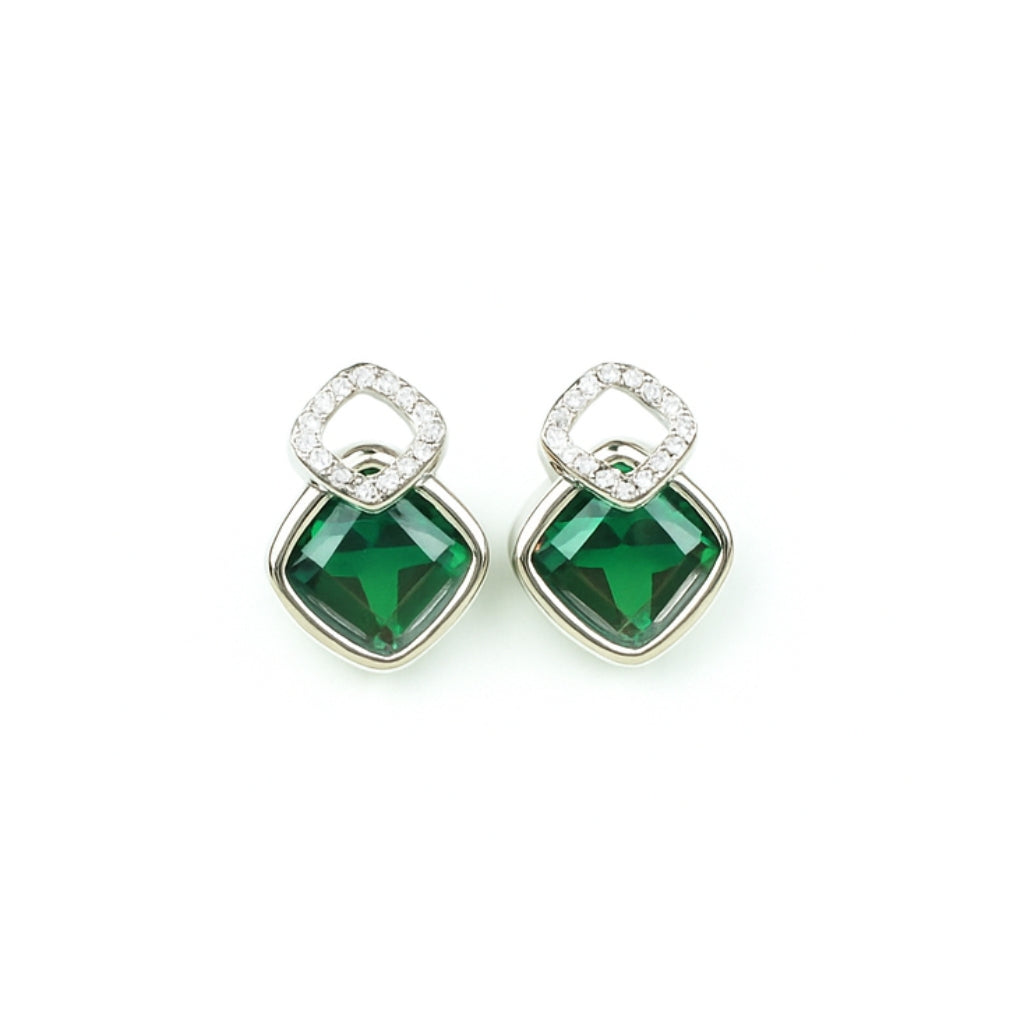 Silver Green Emerald Glow Stud Earrings