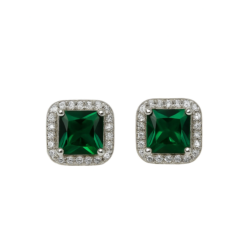 Silver Green Emerald Sparkle Stud Earrings