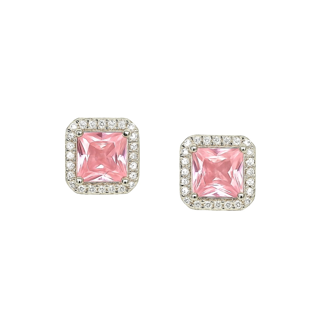 Silver Pink Emerald Sparkle Stud Earrings