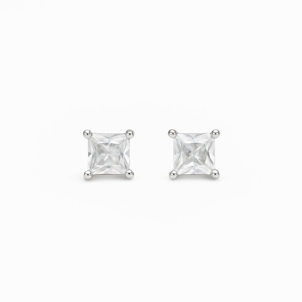 925 Silver Princess-Cut Solitaire Stud Earrings Big Stone