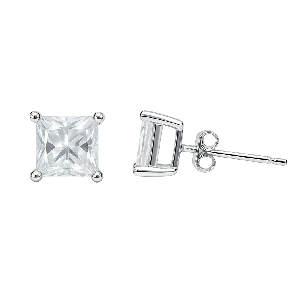 925 Silver Princess-Cut Solitaire Stud Earrings Big Stone