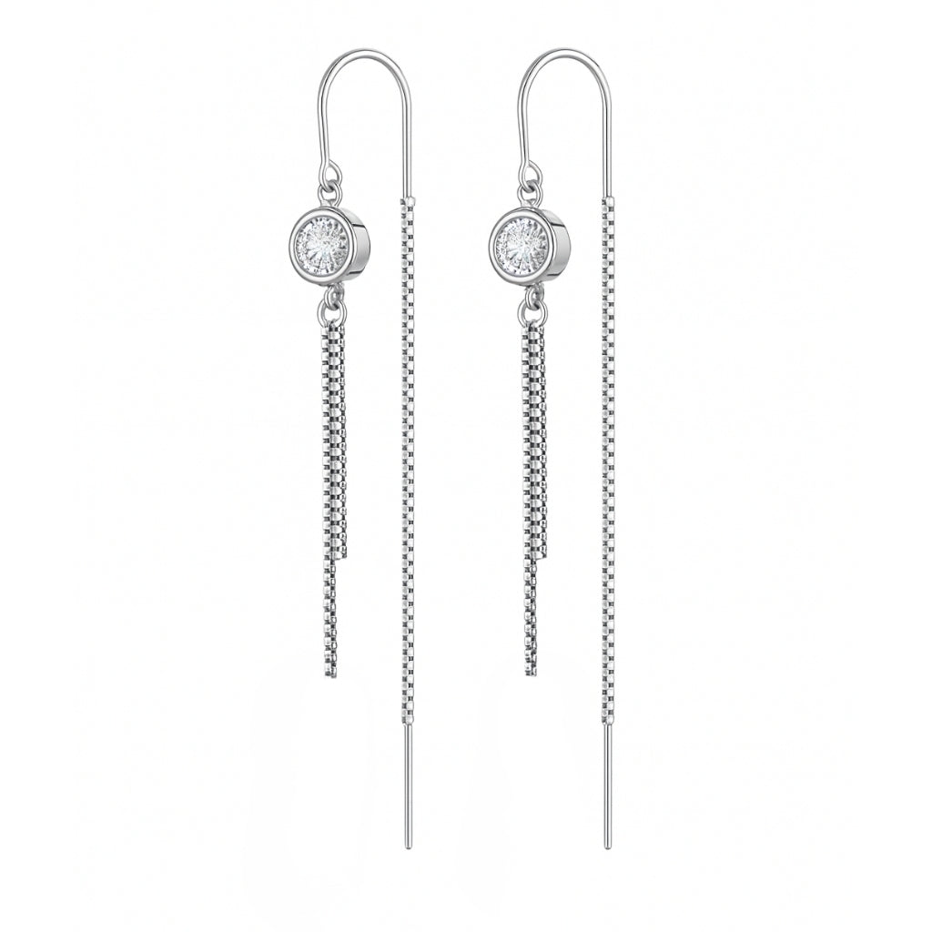 Elegant Silver Threader Earrings with Crystal Stud & Dual Chain Drop