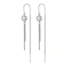 Elegant Silver Threader Earrings with Crystal Stud & Dual Chain Drop