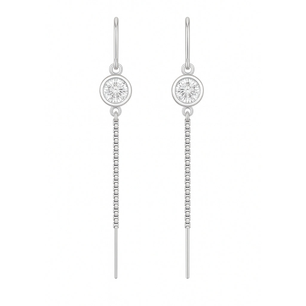 Elegant Silver Threader Earrings with Crystal Stud & Dual Chain Drop