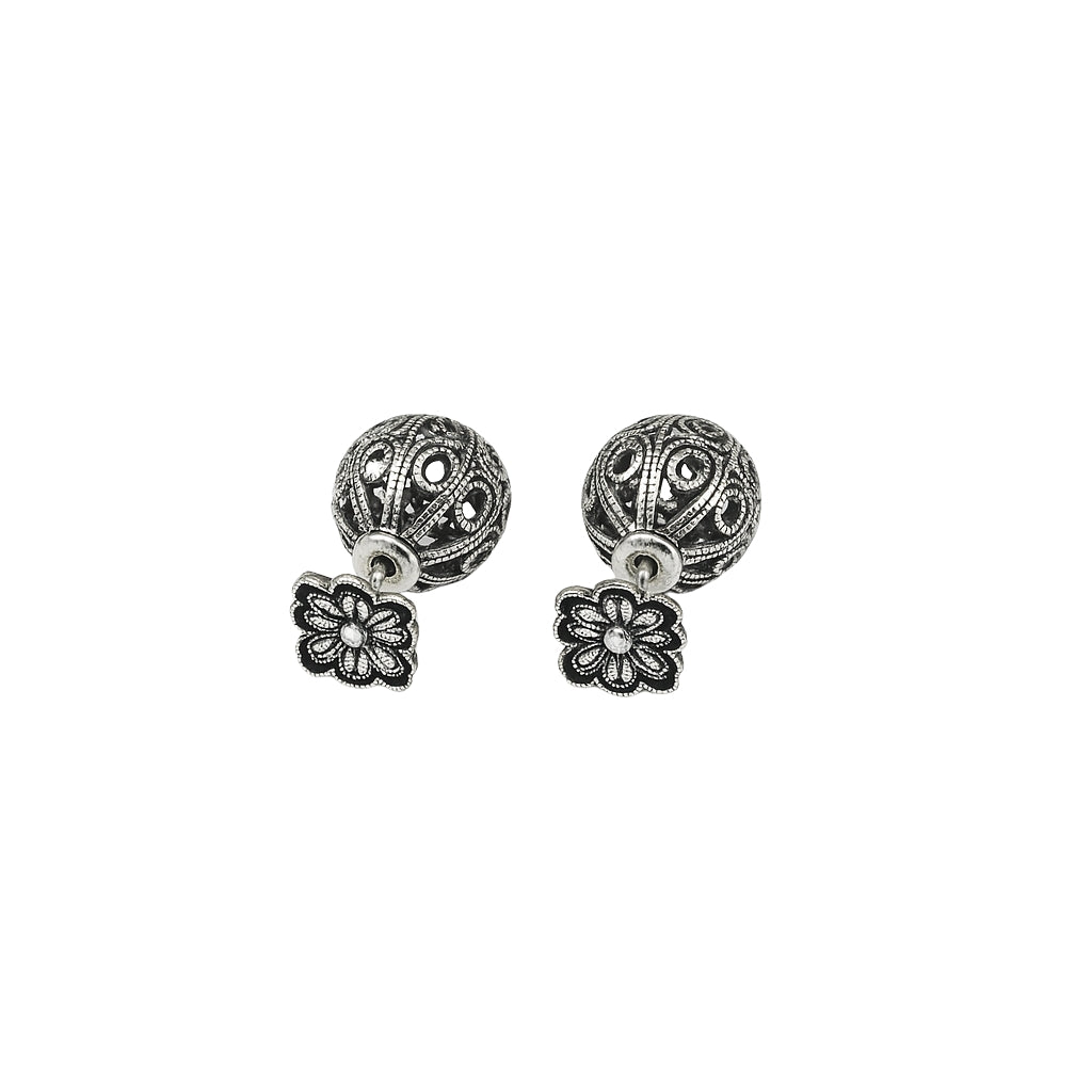 Oxidized Silver Floral Ball Stud Earrings
