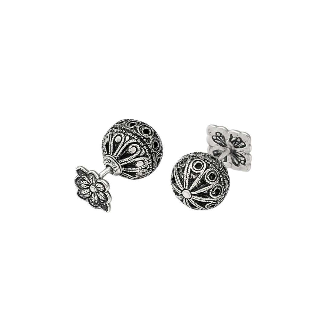 Oxidized Silver Floral Ball Stud Earrings