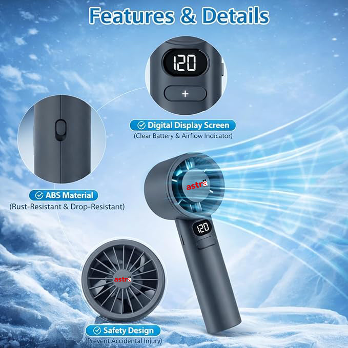 Astra Appliances Astra Rechargeable Handheld Fan | 120 Speed Levels | Digital Display | USB Charging Rechargeable Fan