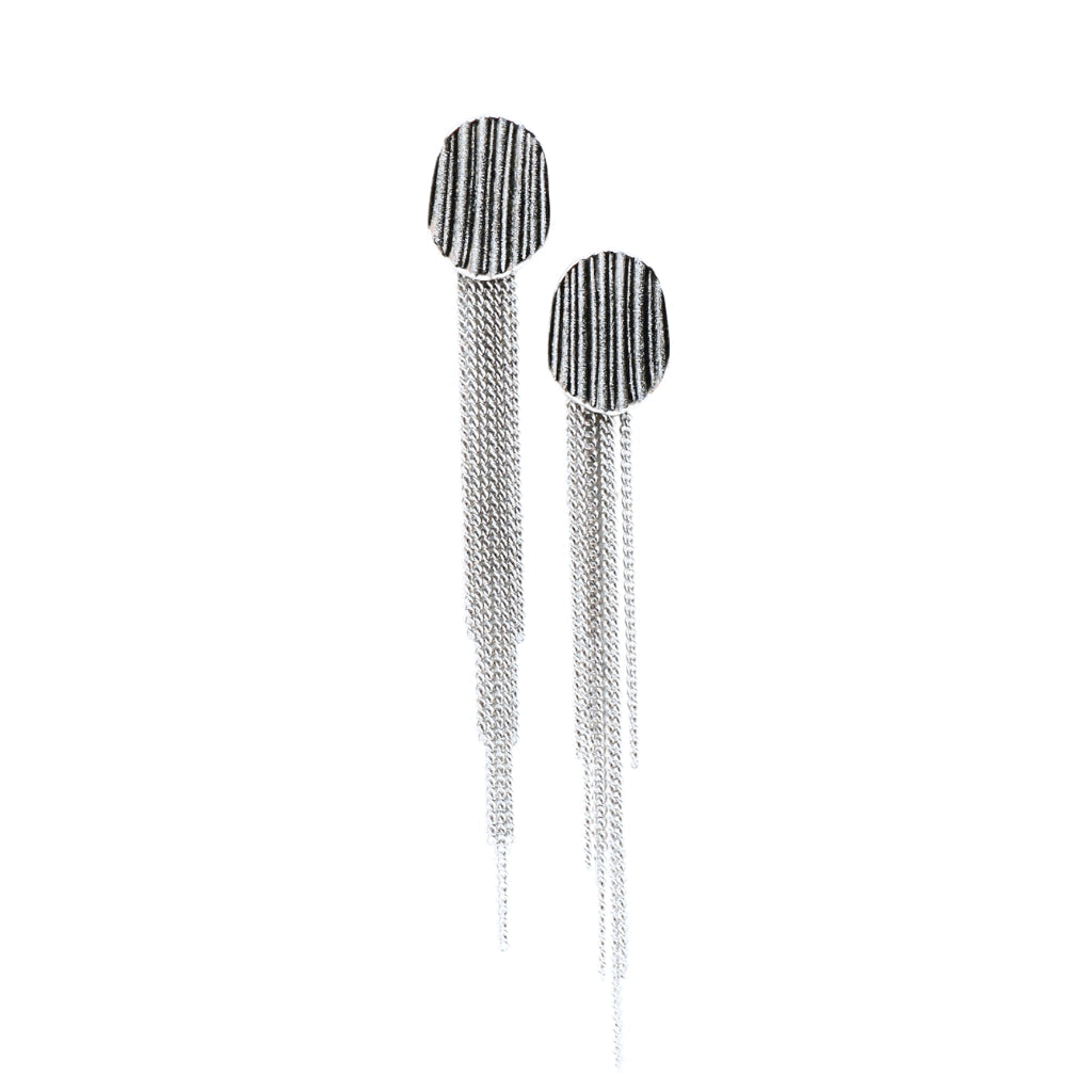 Modern Textured Oval Silver Earrings with Multi-Chain Fringe