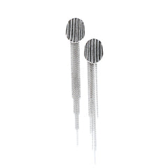 Modern Textured Oval Silver Earrings with Multi-Chain Fringe