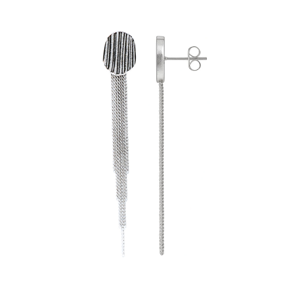 Modern Textured Oval Silver Earrings with Multi-Chain Fringe