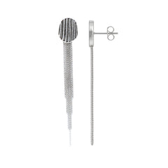 Modern Textured Oval Silver Earrings with Multi-Chain Fringe