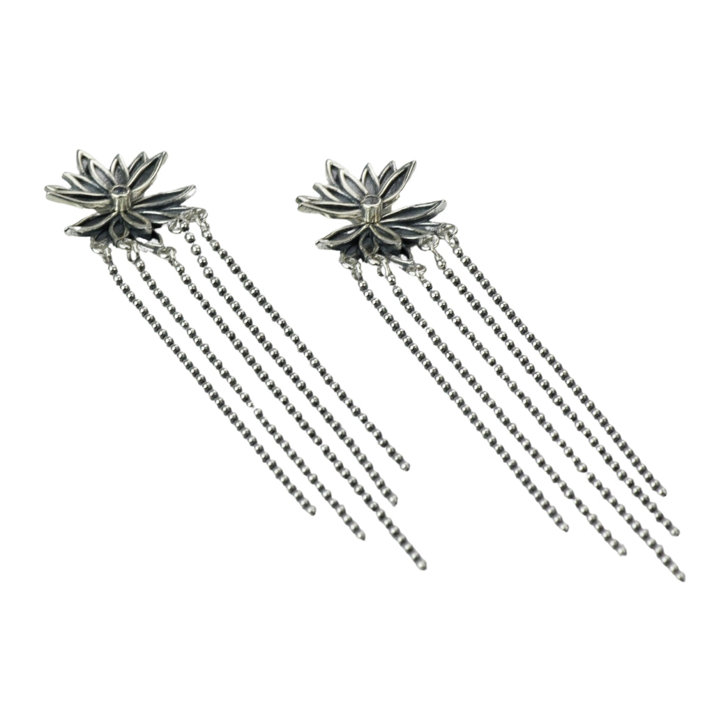 Floral Silver Drop Earrings with Long Chain Tassels